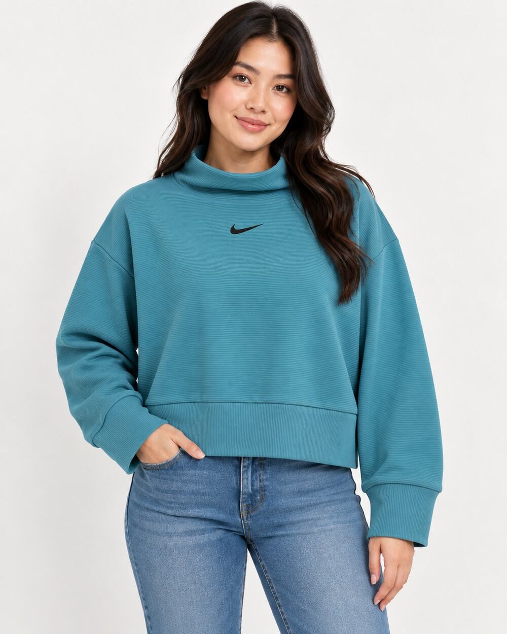 Nike Dri-FIT Women’s Teal Ribbed Funnel Neck Pullover Sweatshirt Size Large
